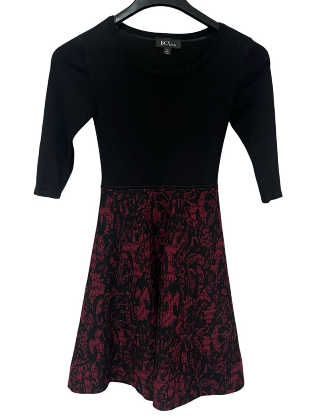 BCX 3/4-Sleeve Lace-Skirt Sweater Dress in black and burgundy Size Junior XS - Picture 1 of 12